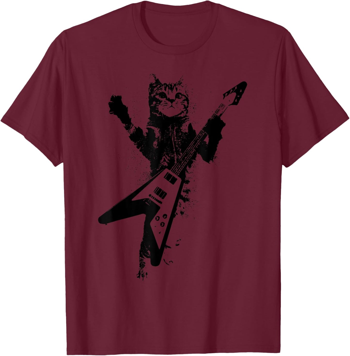 Cat Playing Flying V Guitar Musician Cat Lover Men Women T-Shirt - T-Shirt | Maroon