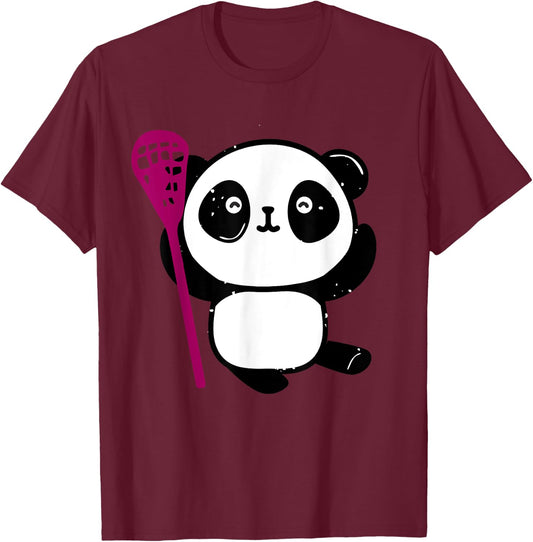 Cute Lacrosse Girl Panda with Lax Stick Lacrosse T-Shirt - T-Shirt | Maroon