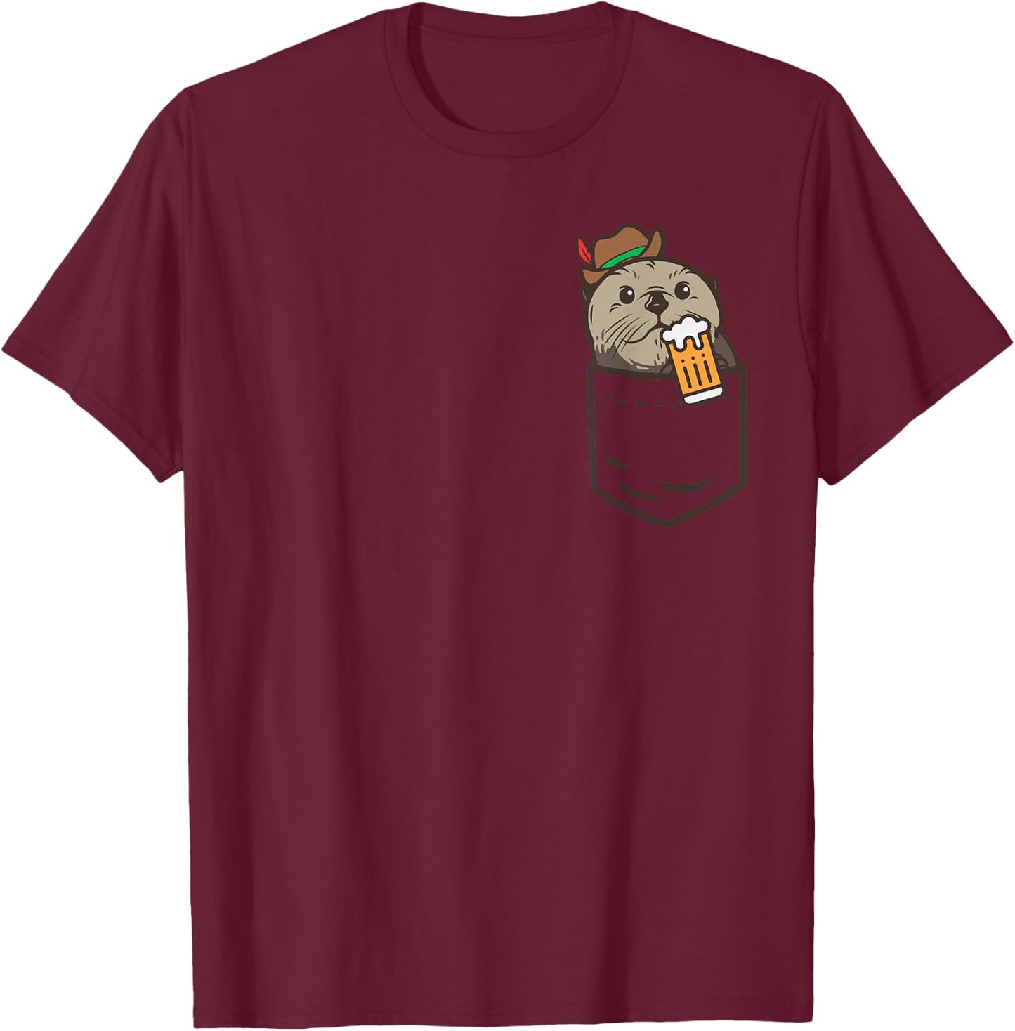 Sea Otter Pocket Drinking Beer Animal German Oktoberfest T-Shirt - T-Shirt | Maroon
