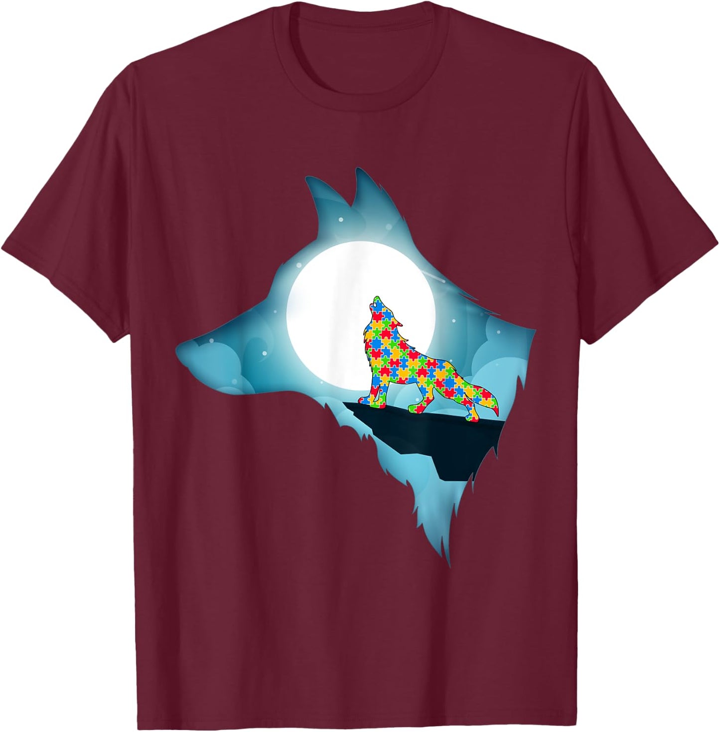 Wolf Shirt Wolf Autism Shirt Autism Awareness Shirt T-Shirt - T-Shirt | Maroon