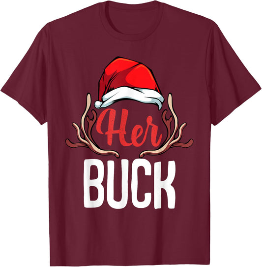 Her Buck His Doe Couples Matching Merry Christmas Saying T-Shirt - T-Shirt | Maroon