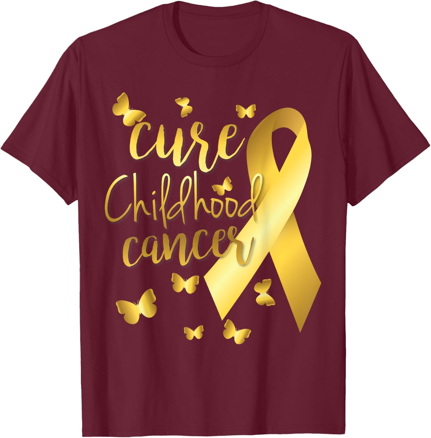 Cure Childhood Cancer with Gold Ribbon T-Shirt - T-Shirt | Maroon