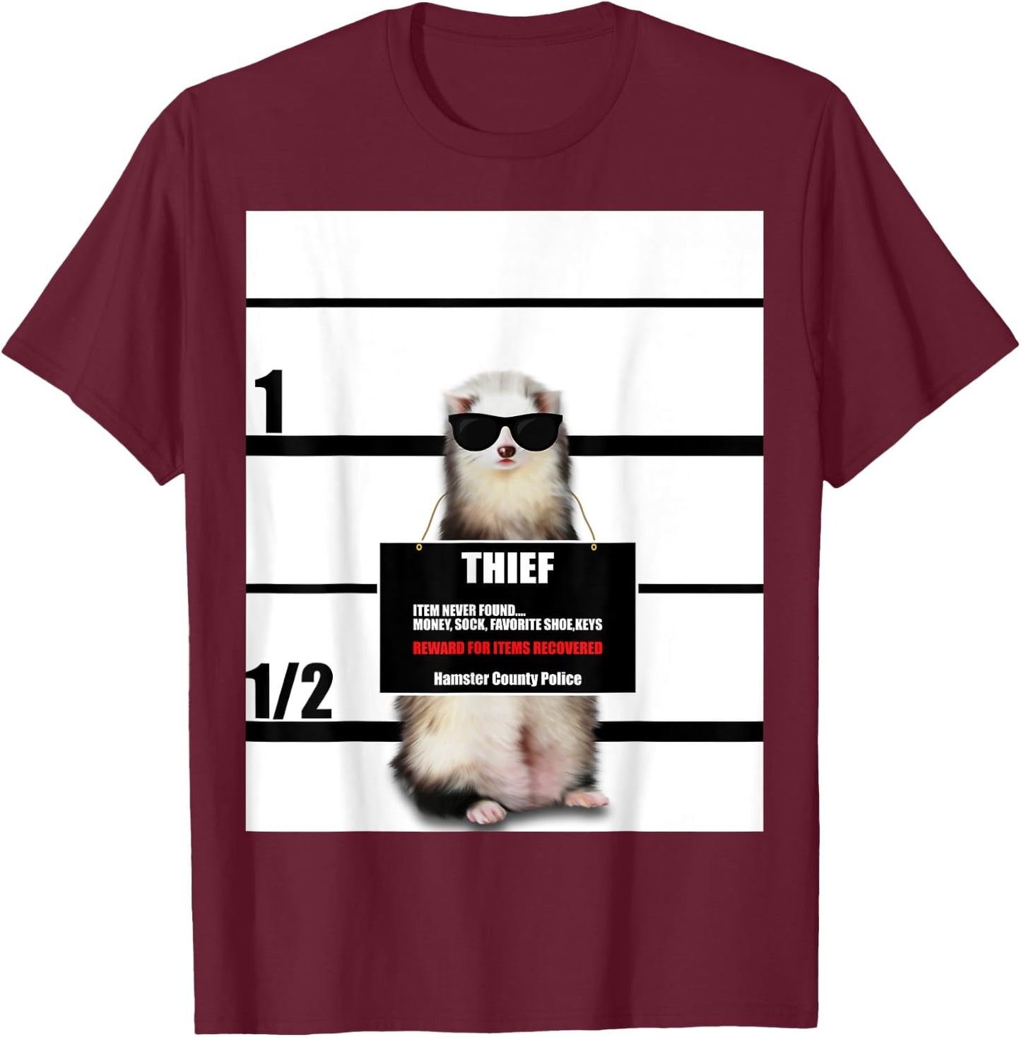 Pet Ferret Funny Ferret, Thief, Mugshot T-Shirt - T-Shirt | Maroon