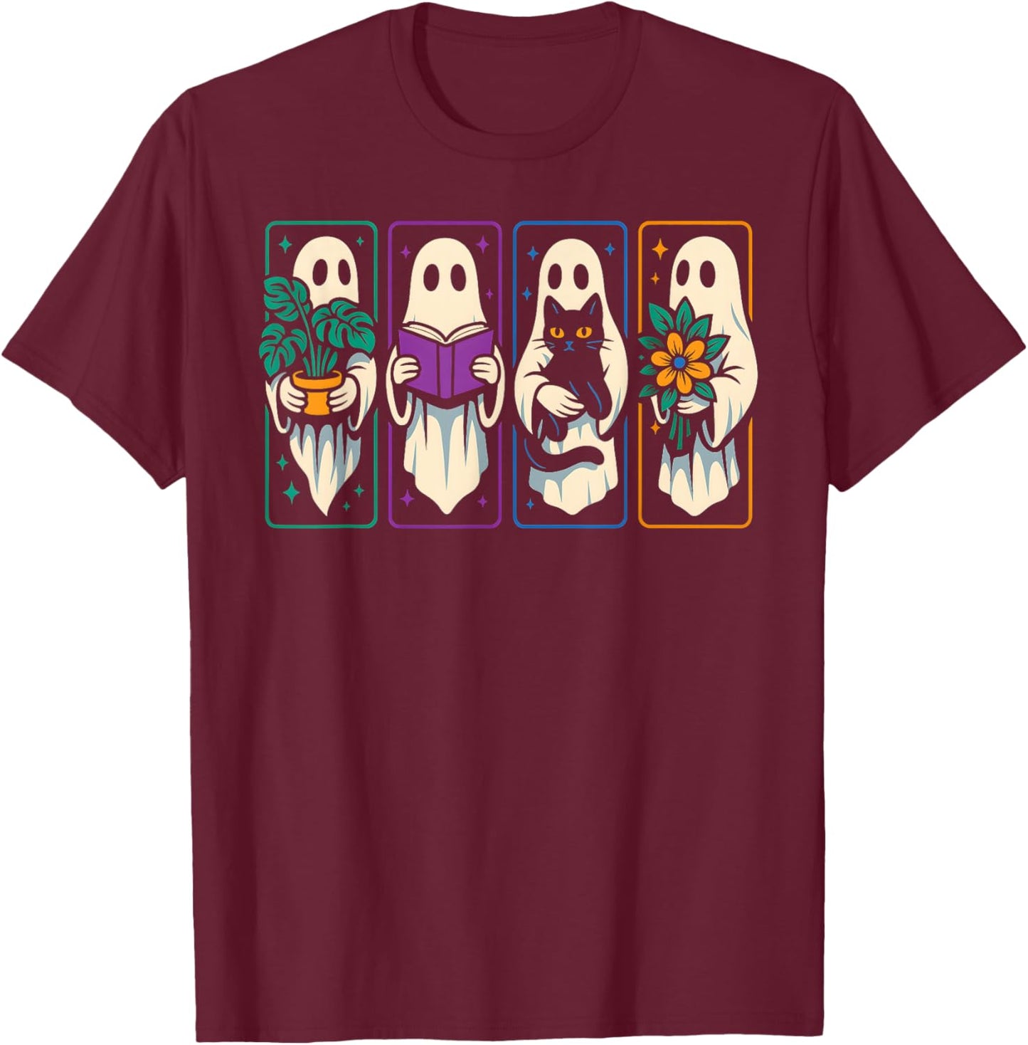 Cute Hippie Ghosts, Funny Ghost with Black Cat Books Plants T-Shirt - T-Shirt | Maroon