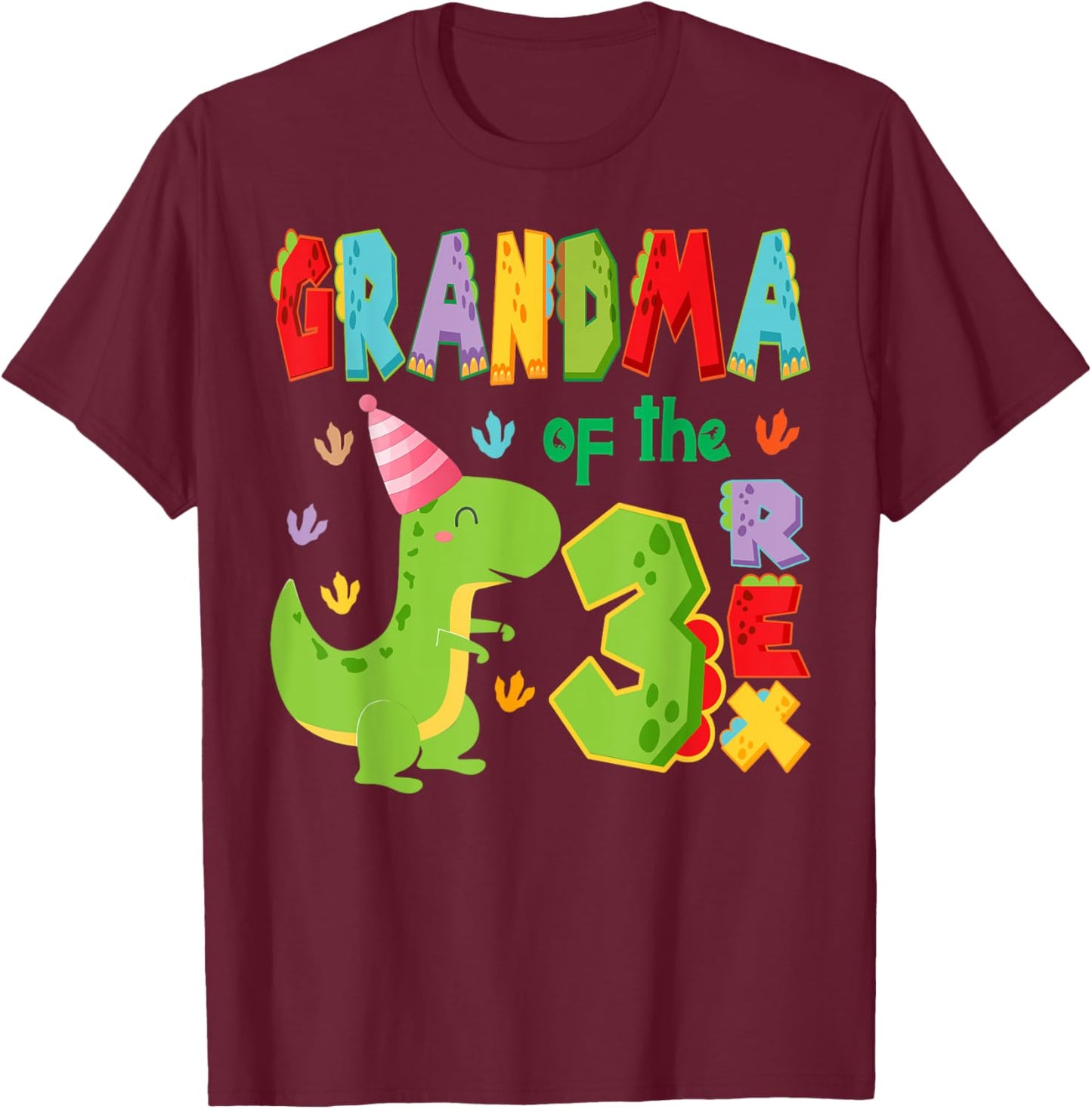 Grandma of The Three Rex Birthday Boy 3Rd Bday Dinosaur T-Shirt - T-Shirt | Maroon
