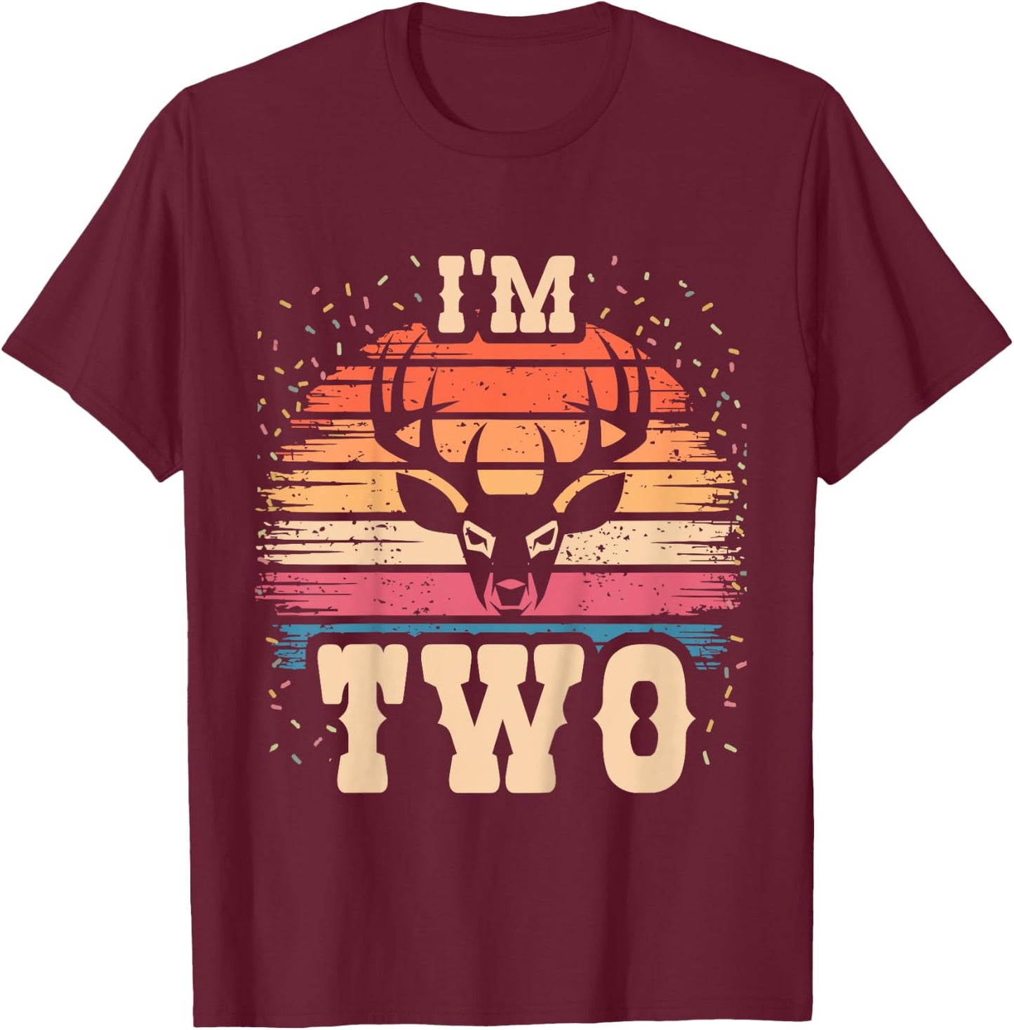Kids Elk 2 Year Old Birthday Boy Girl 2nd Deer Birthday T-Shirt - T-Shirt | Maroon