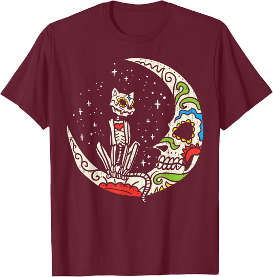Sugar Skull Cat Moon Dia De Los Muertos Halloween Costume T-Shirt - T-Shirt | Maroon