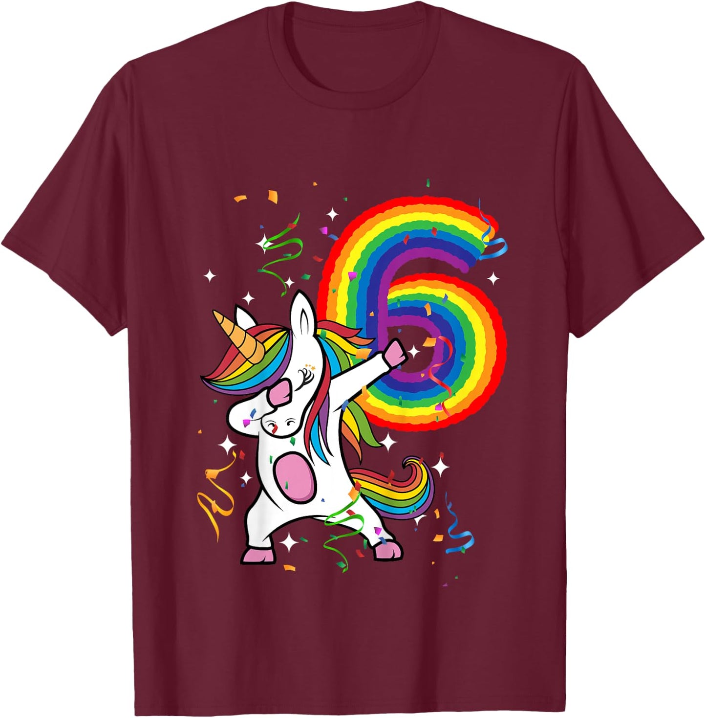 Birthday Rainbow Dabbing Unicorn 6 Years Old Girls Shirt T-Shirt - T-Shirt | Maroon
