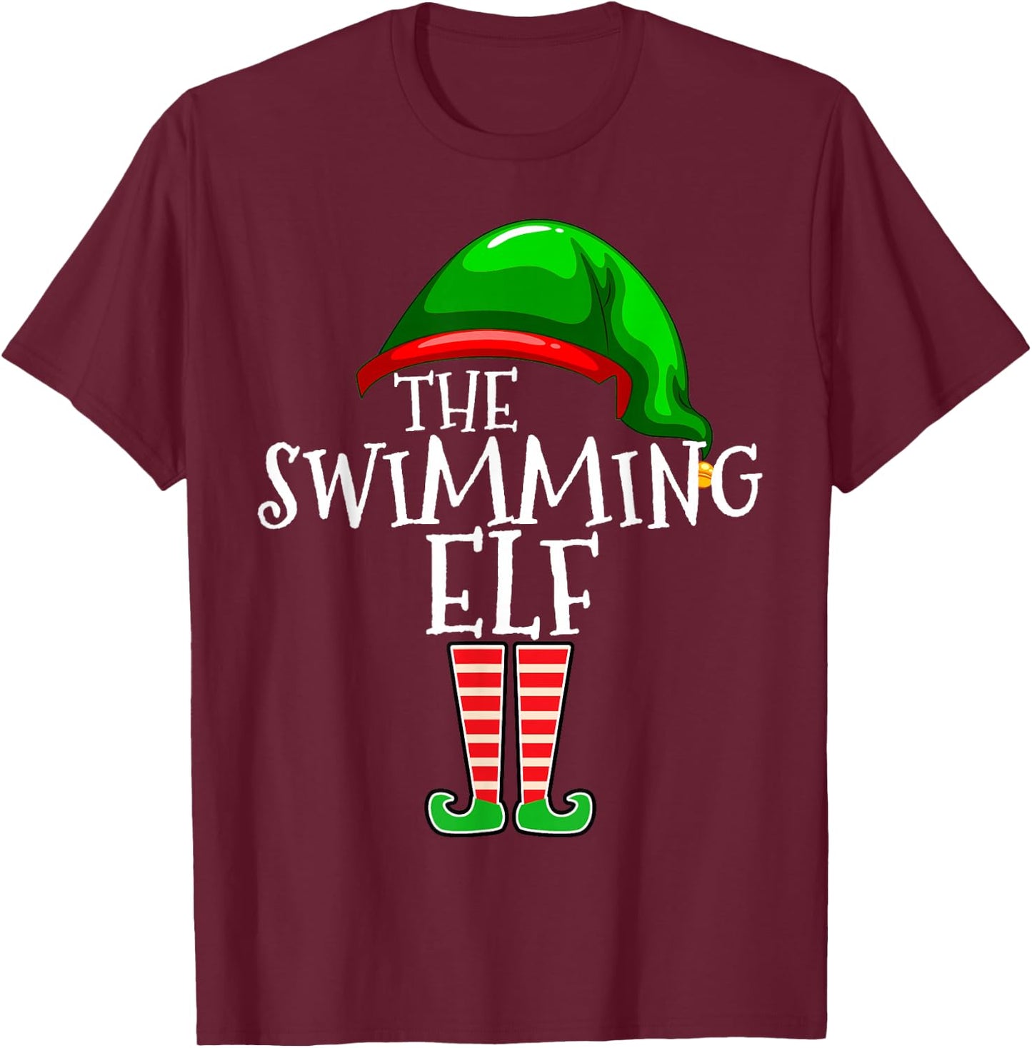 Swimming Elf Group Matching Family Christmas Gift Swimmer T-Shirt - T-Shirt | Maroon