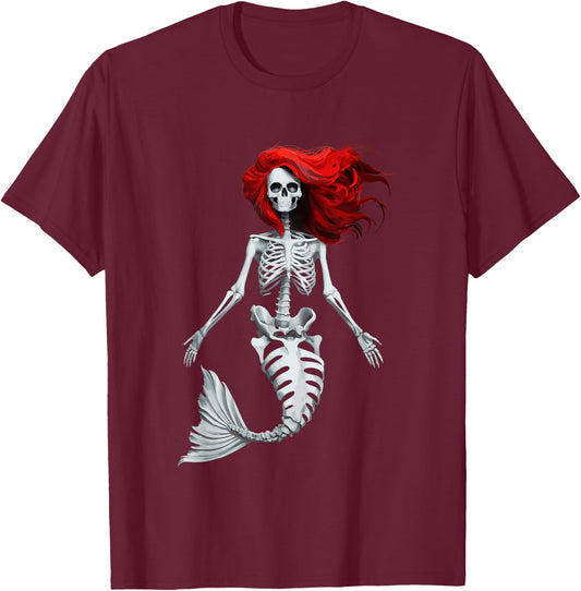 Skeleton Mermaid Halloween T-Shirt - T-Shirt | Maroon