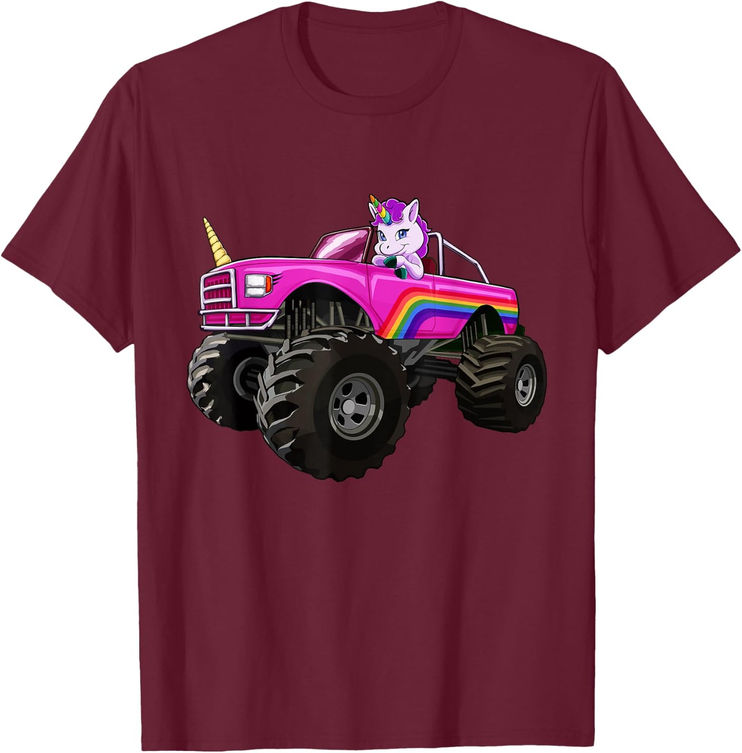 Monster Truck Unicorn T Shirt Women Kids Girl Party Gift T-Shirt - T-Shirt | Maroon