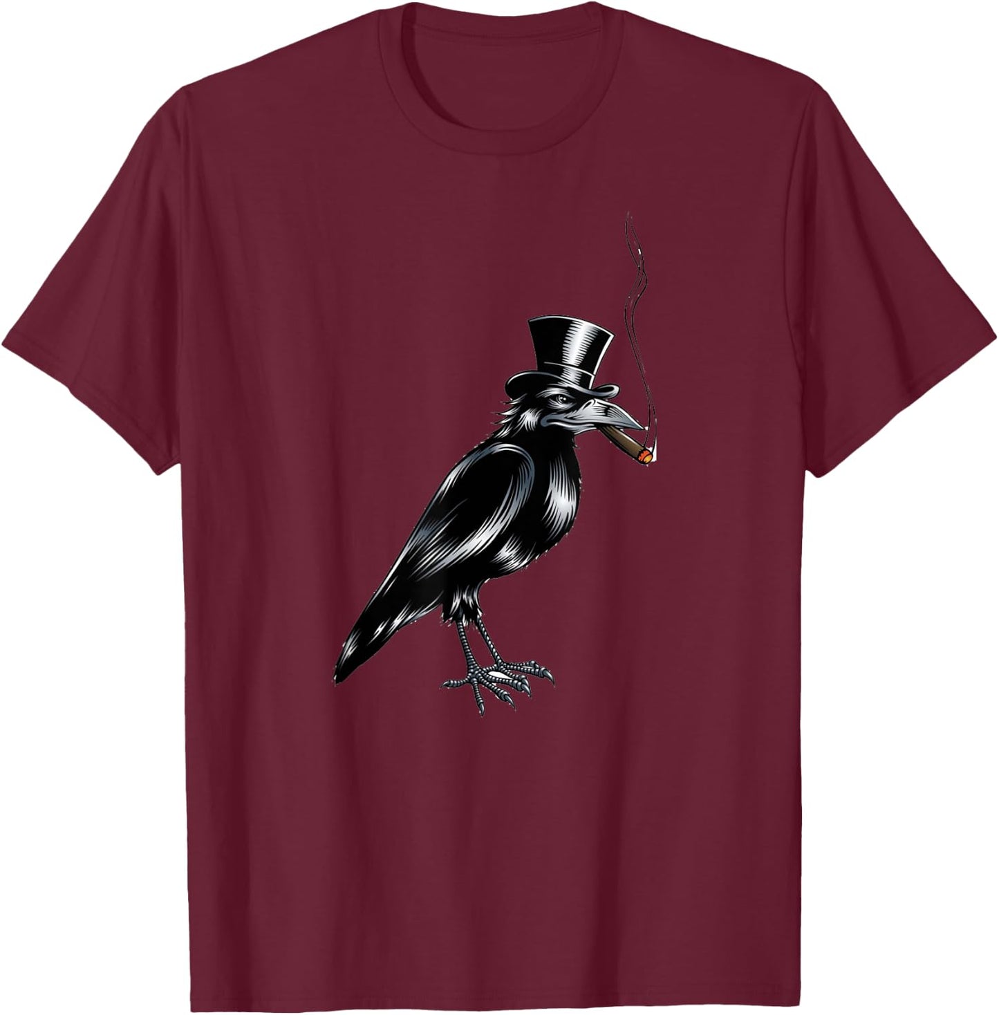 Black Crow Top Hat Smoking Cigar Graphic Art T-Shirt - T-Shirt | Maroon