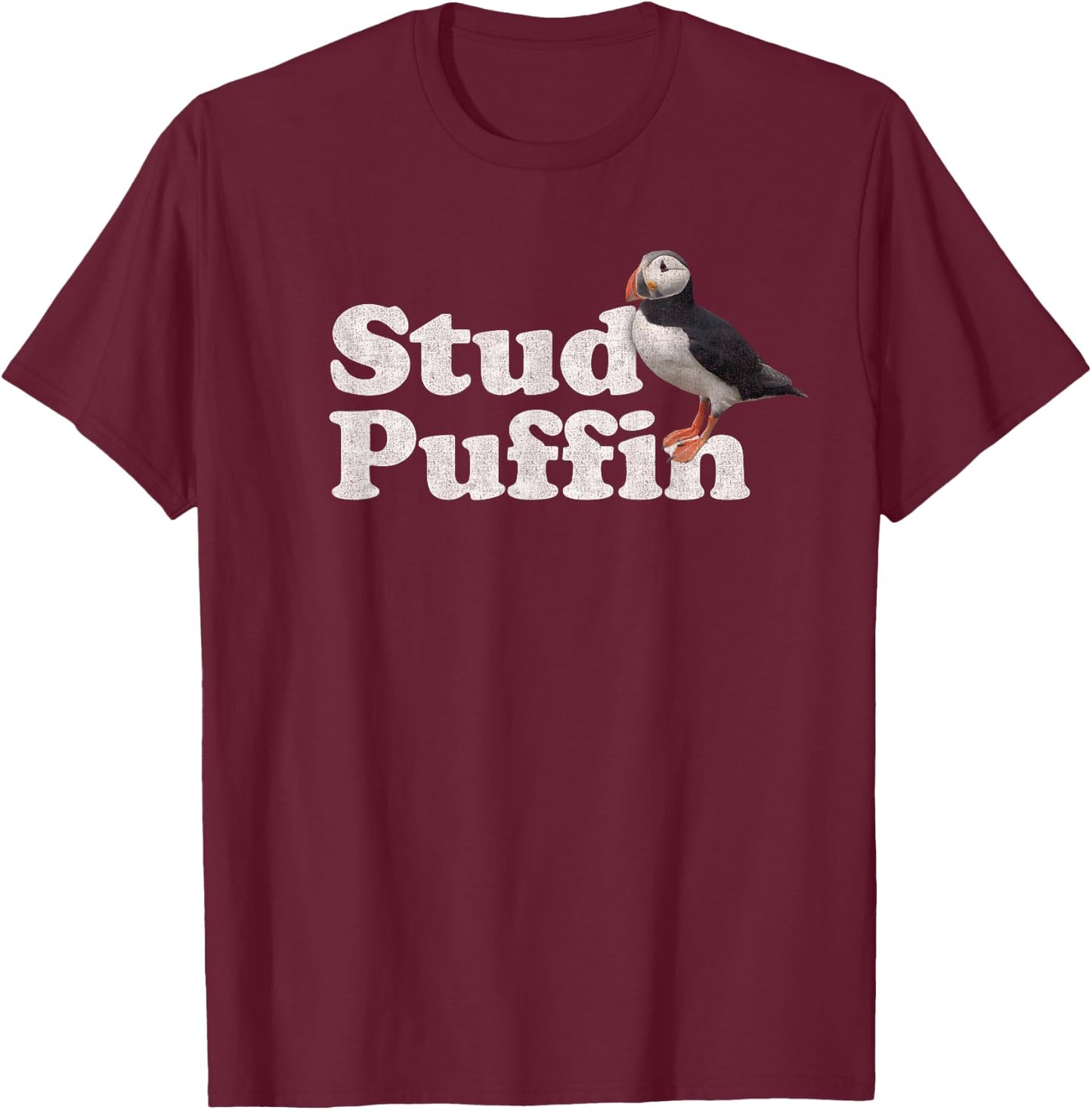 Stud Puffin - Retro Vintage Style - Black - -Adults - Short Sleeve - Classic Fit - Cotton Blend - Small T-Shirt - T-Shirt | Maroon
