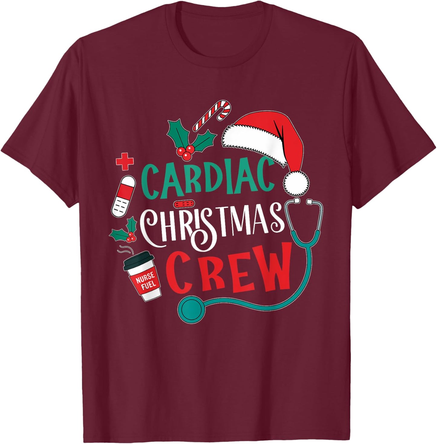 Cardiac Christmas Crew Cardiology Stethoscope Nurse Xmas T-Shirt - T-Shirt | Maroon