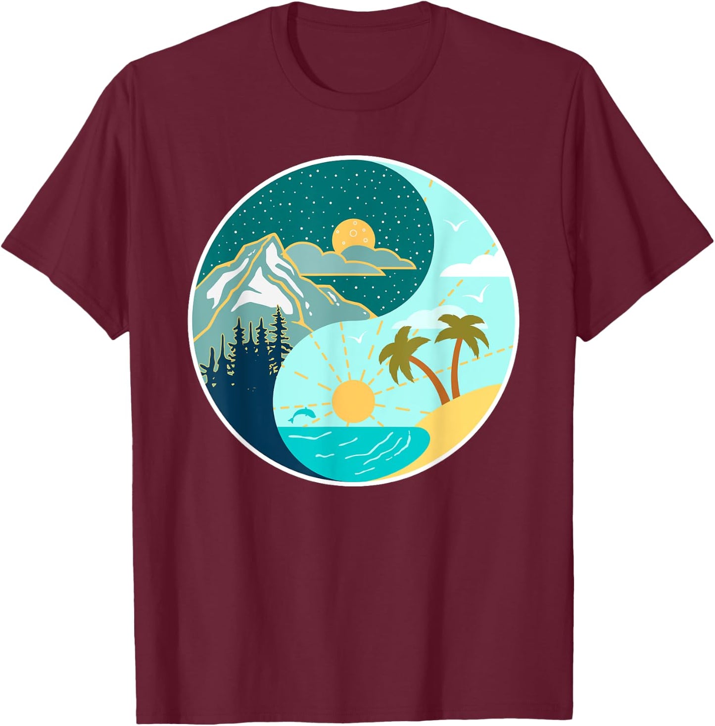 Ying Yang Mountains and Beach Landscape design Men Women Kids T-Shirt - T-Shirt | Maroon