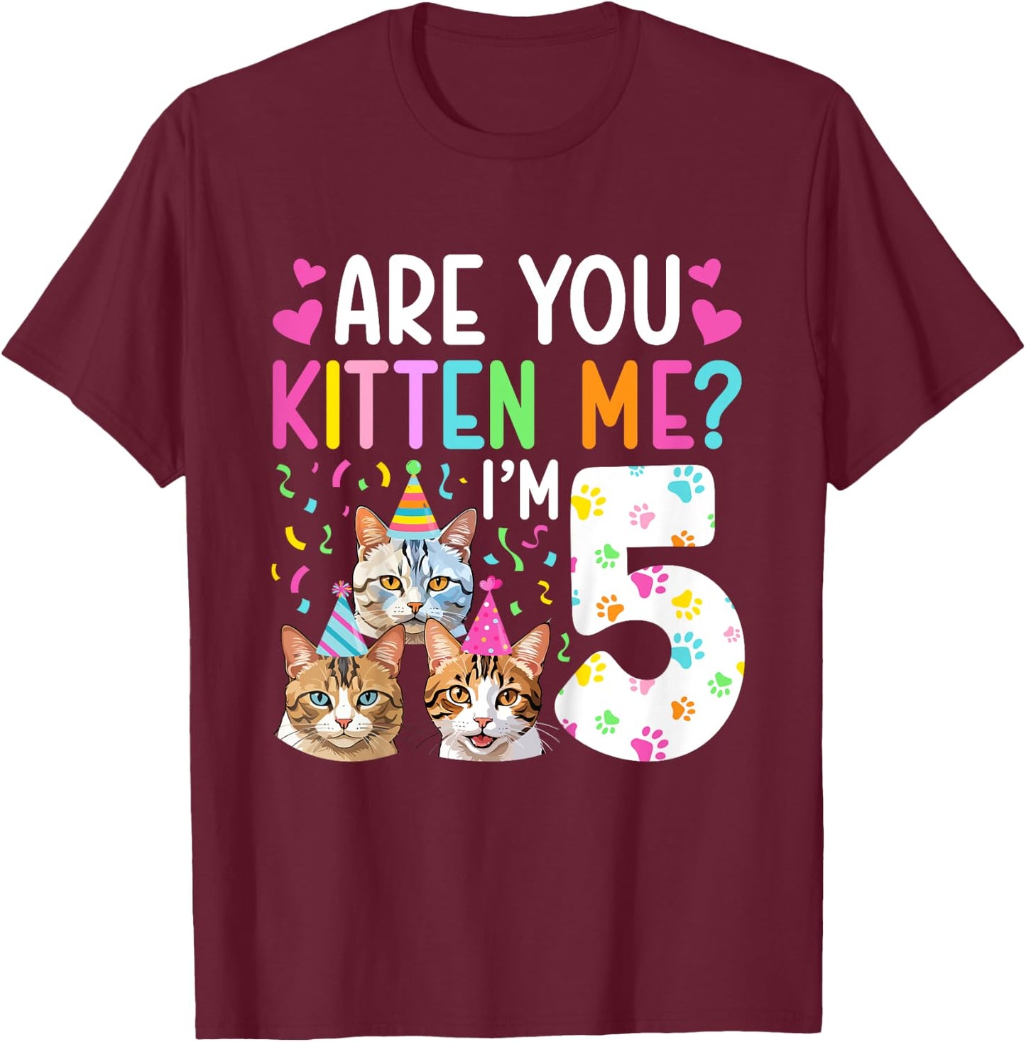 5th Cat Birthday Party 5 Year Old Girl Kitten Birthday T-Shirt - T-Shirt | Maroon
