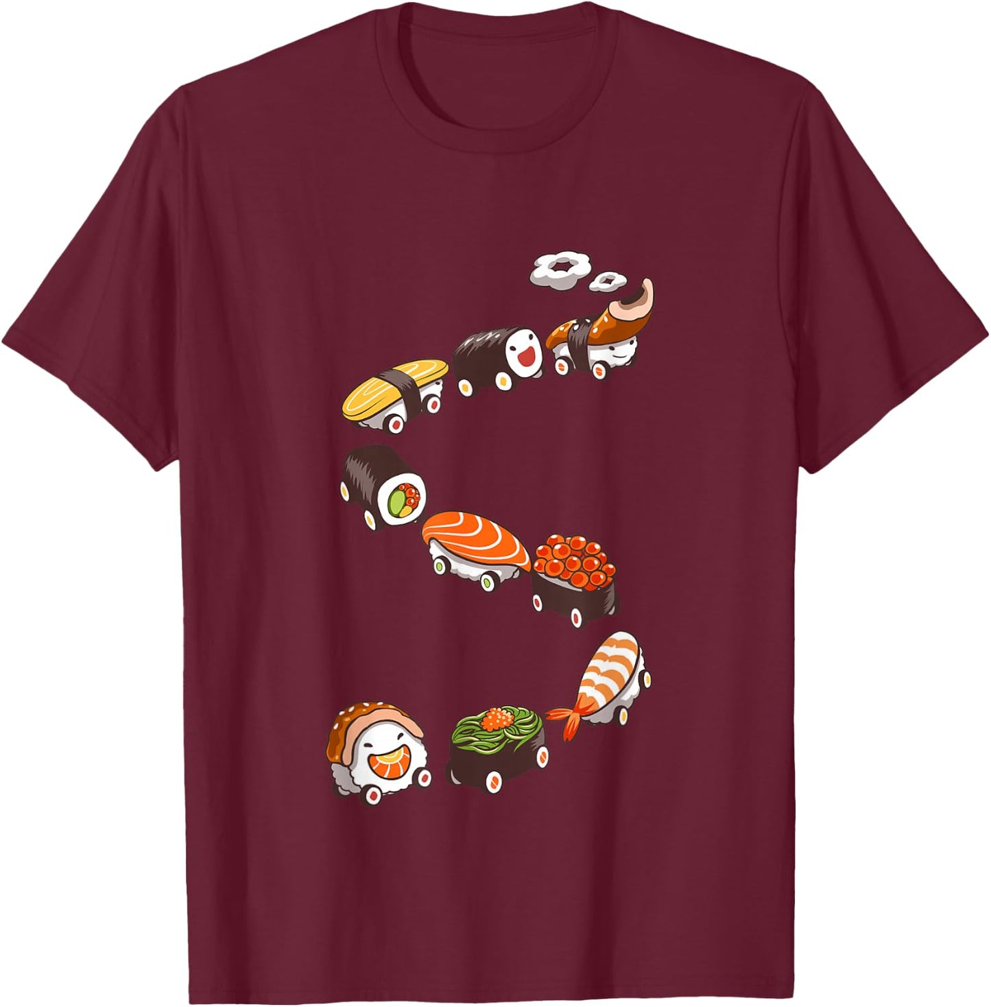 Funny Sushi Train Japanese Food Design T-Shirt - T-Shirt | Maroon