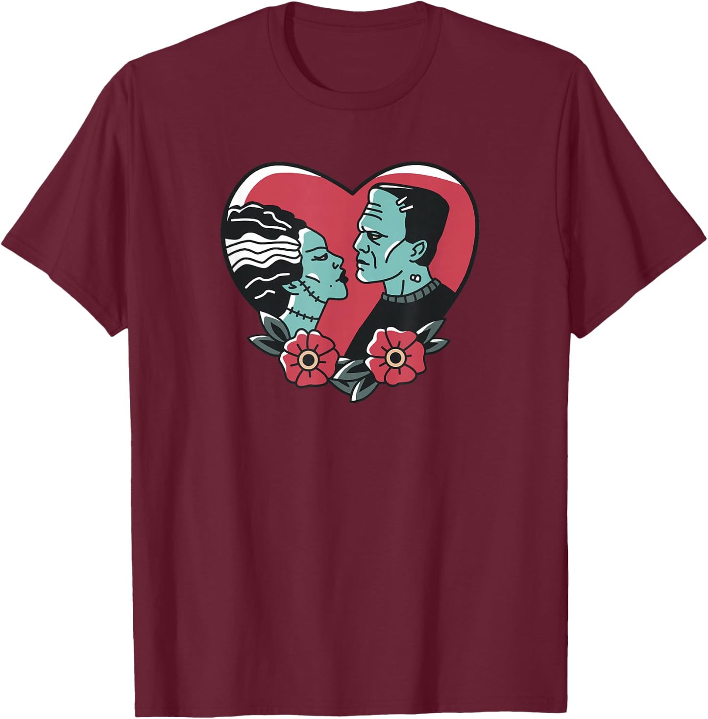 Frankenstein Monster & Bride of Frankenstein Love Emblem T-Shirt - T-Shirt | Maroon