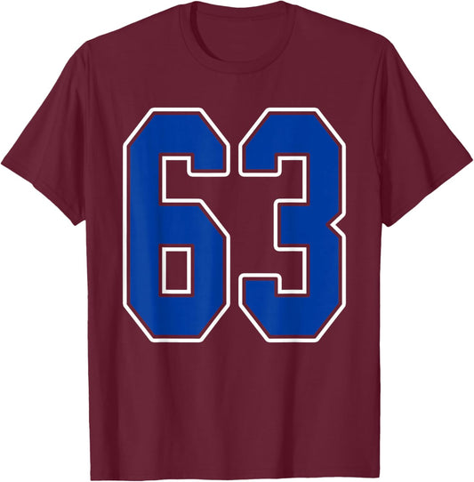 Royal Blue and White Number 63 Jersey Player Uniform #63 Fan T-Shirt - T-Shirt | Maroon