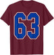Royal Blue and White Number 63 Jersey Player Uniform #63 Fan T-Shirt - T-Shirt | Maroon