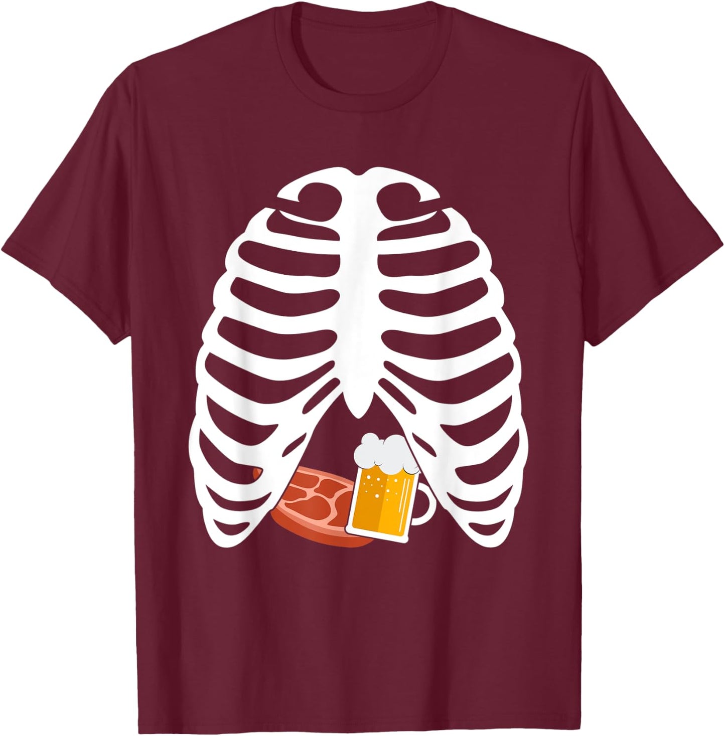 Halloween Funny Beer & Steak Costume Skeleton Rib Cage Gifts T-Shirt - T-Shirt | Maroon