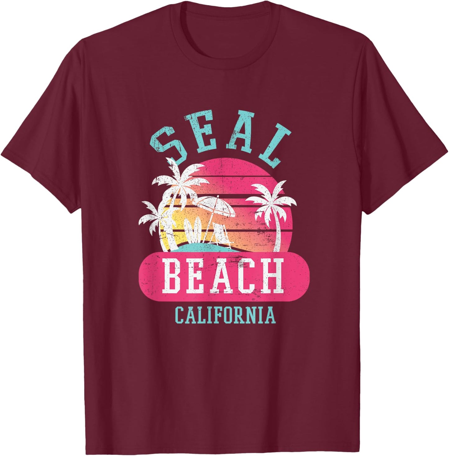 Retro Cool Seal Beach California Beaches T-Shirt - T-Shirt | Maroon