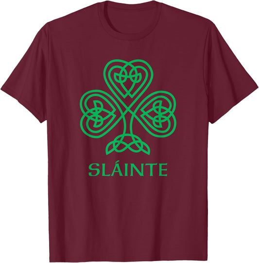 Slainte Irish Green Shamrock Celtic Knot Ireland Gaelic T-Shirt - T-Shirt | Maroon