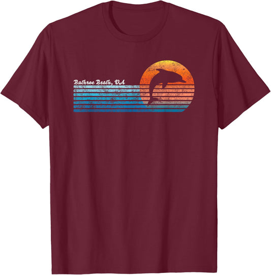 Vintage Buckroe Beach VA 80s Dolphin Sunset T-Shirt - T-Shirt | Maroon