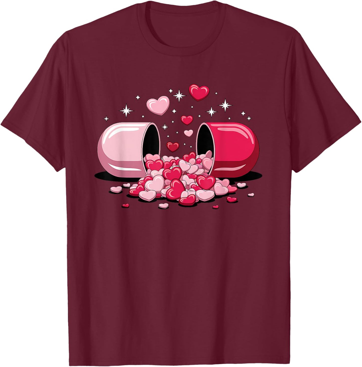 Pills Heart Love Valentine Hearts Medicine Pharmacy Capsule T-Shirt - T-Shirt | Maroon
