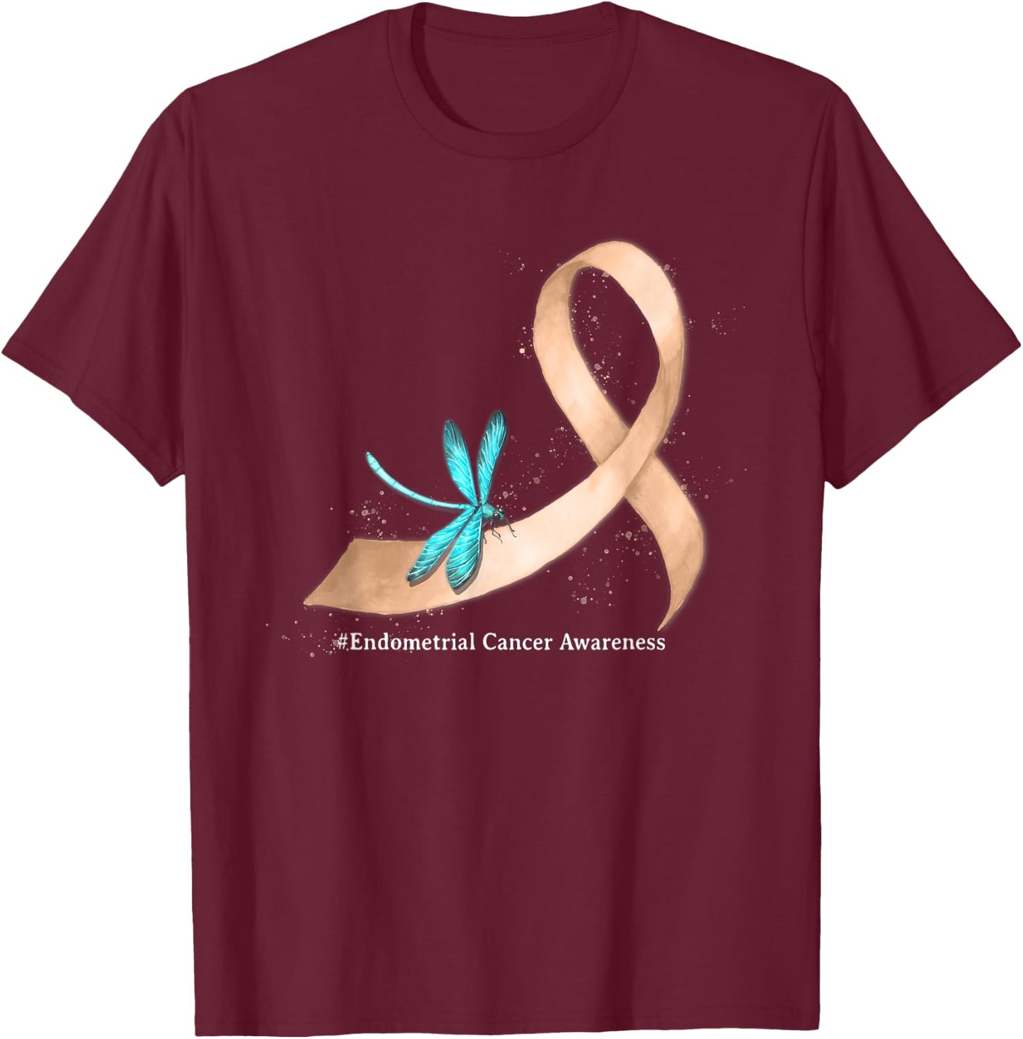 Hippie Dragonfly Peach Ribbon Endometrial Cancer Awareness T-Shirt - T-Shirt | Maroon