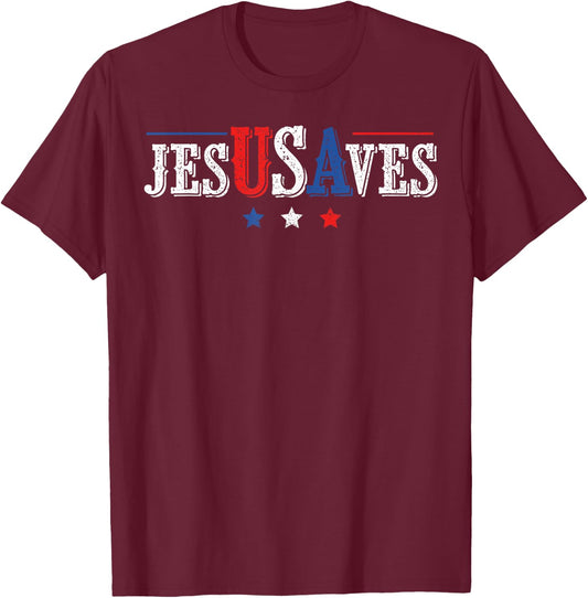 Jesus Saves USA American Flag Patriotic Christian 4th July T-Shirt - T-Shirt | Maroon