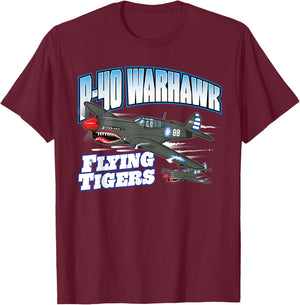 Toon Factory P-40 Warhawk Flying Tigers Warbirds -Adults Black T-Shirt - T-Shirt | Maroon