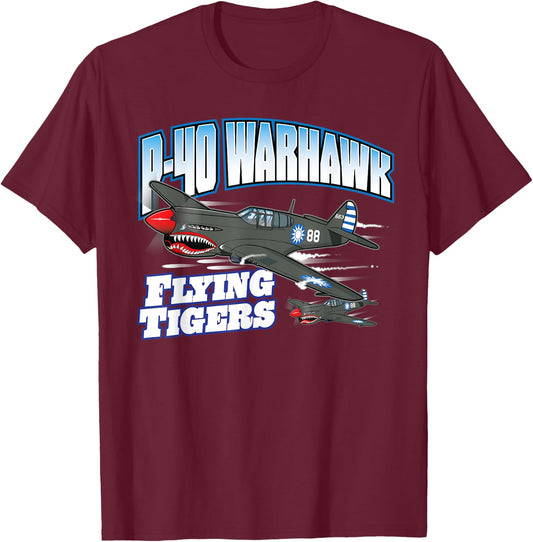 Toon Factory P-40 Warhawk Flying Tigers Warbirds -Adults Black T-Shirt - T-Shirt | Maroon