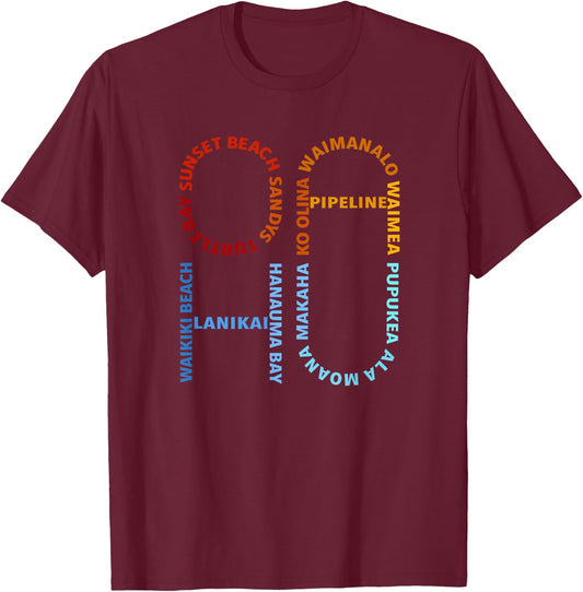 Oahu Beaches with Colored Text T-Shirt - T-Shirt | Maroon