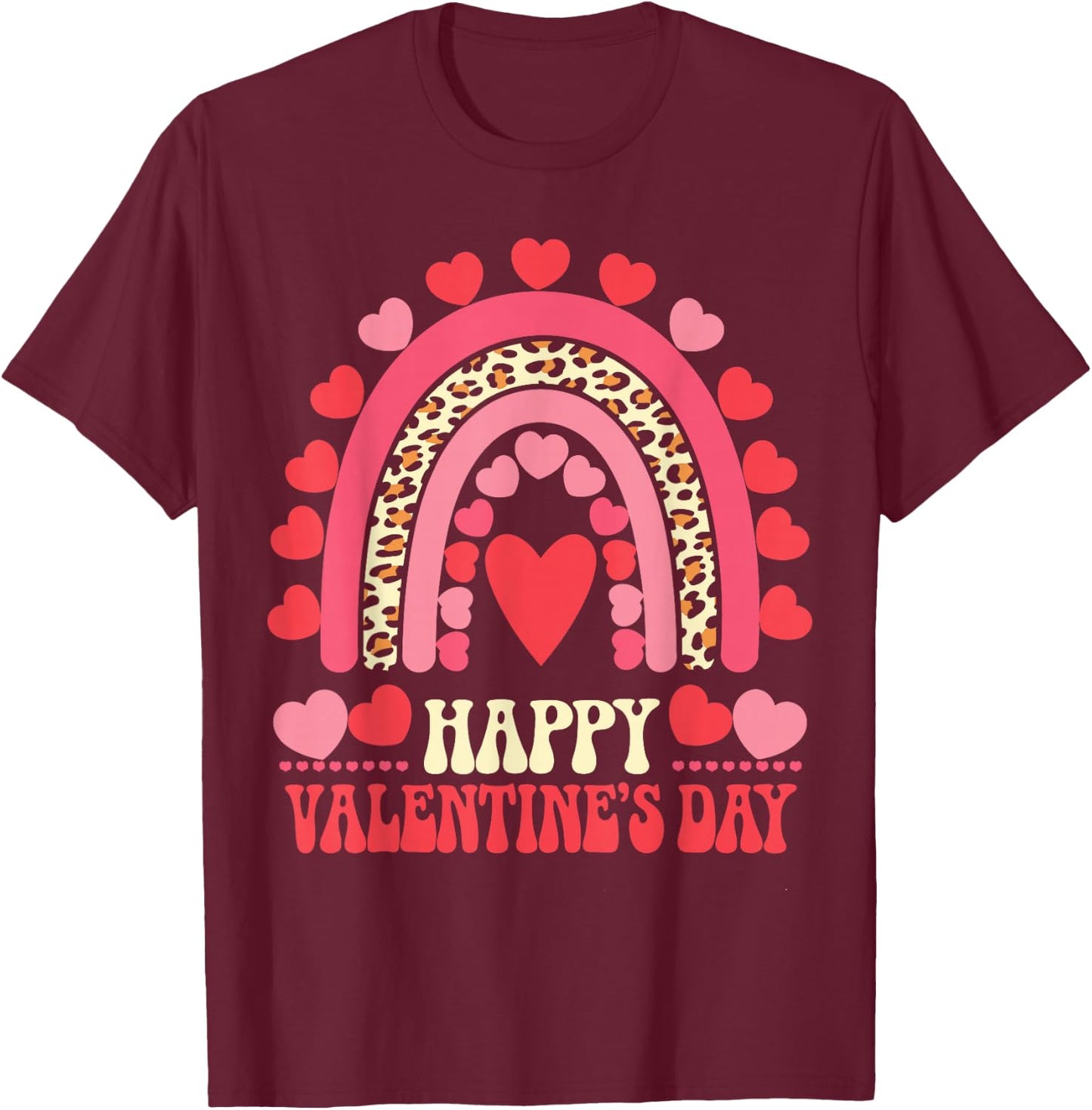 Happy Valentine's Day Leopard Rainbow Heart Valentine Kids T-Shirt - T-Shirt | Maroon