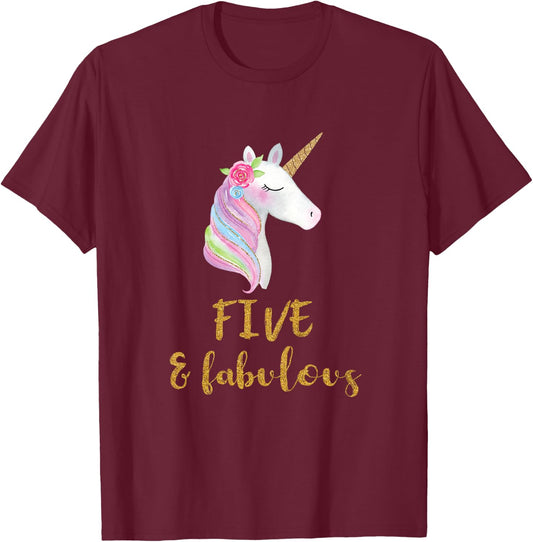 Five and Fabulous Unicorn Outfit, 5th Birthday Girl Shirt T-Shirt - T-Shirt | Maroon