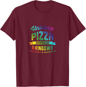 Unicorn Pizza Mermaids Rainbows Eating Colors Fun T-Shirt - T-Shirt | Maroon