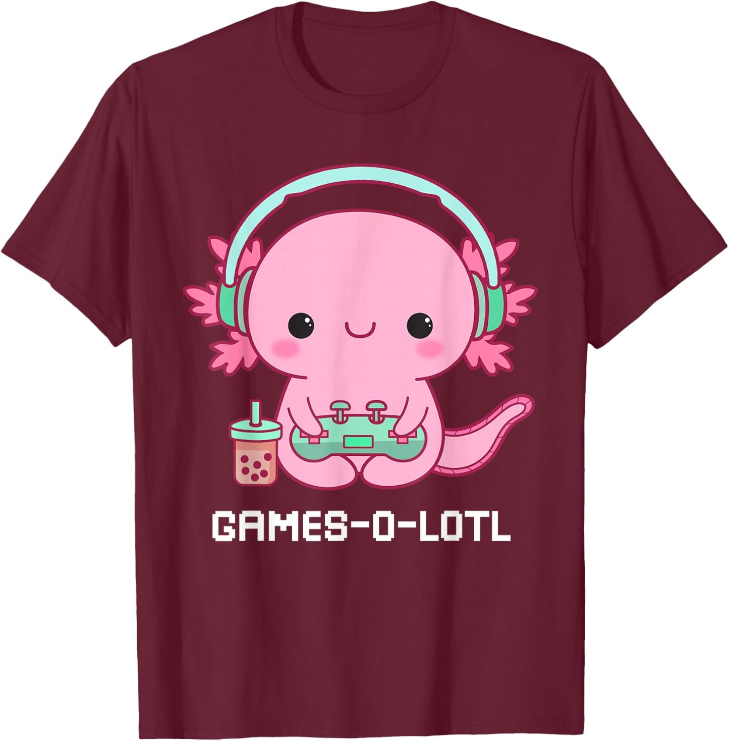 Gamesalotl Axolotl Cute Kawaii Fish Playing Video Games Girl T-Shirt - T-Shirt | Maroon