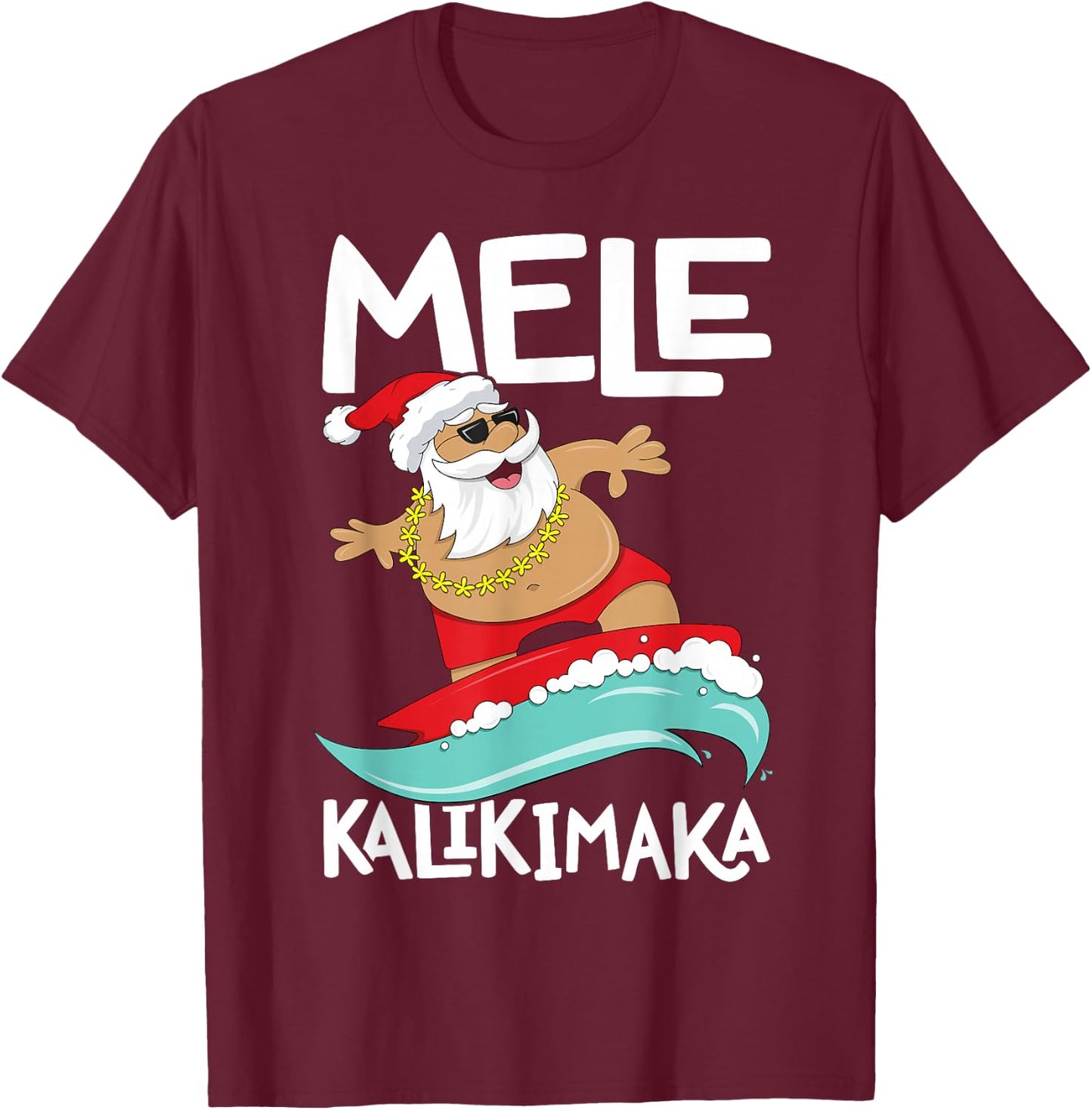 Mele Kalikimaka Hawaiian Christmas Hawaii Surfing Santa Short Sleeve Black T-Shirt - T-Shirt | Maroon