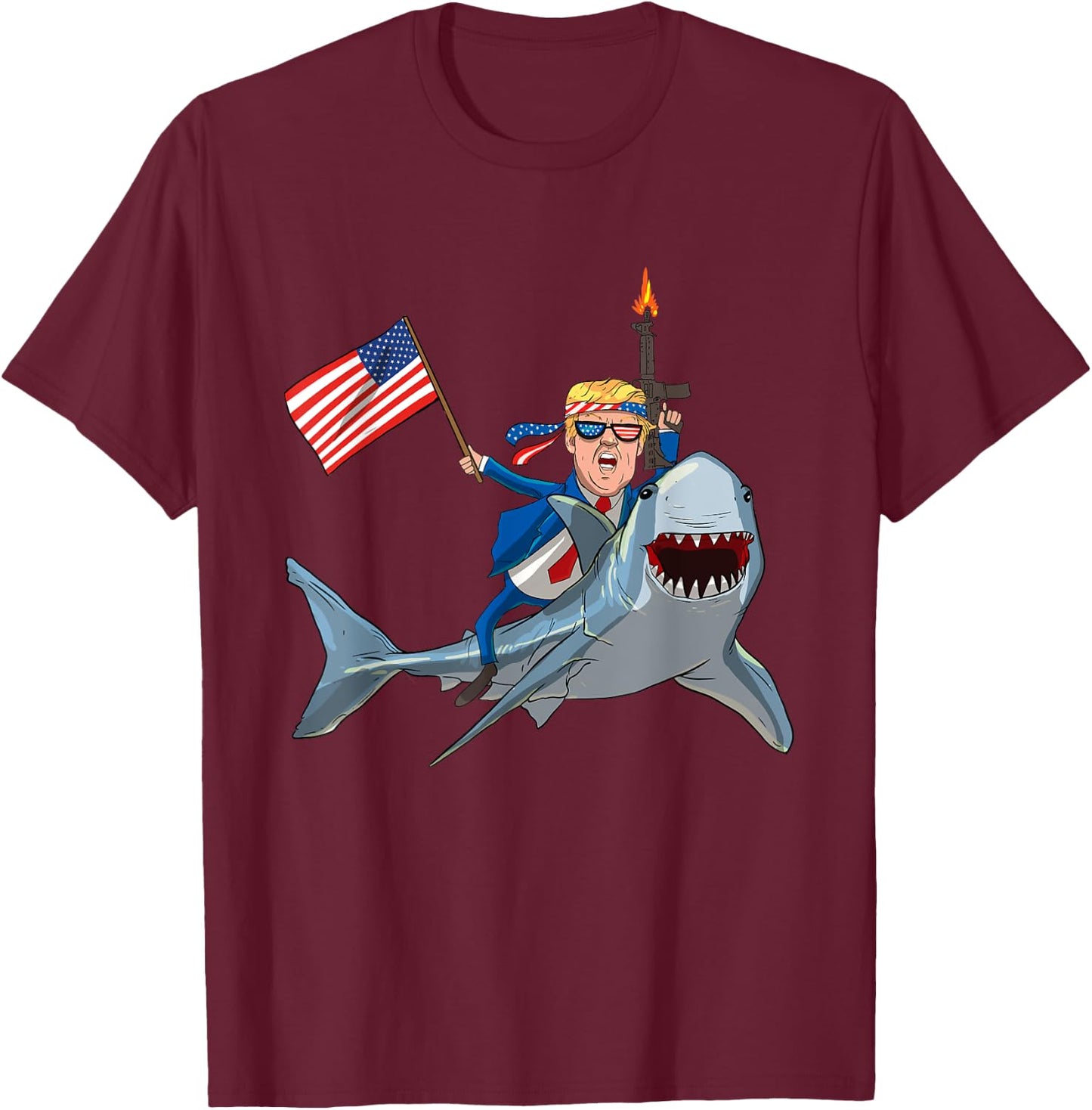 Trump Riding Shark Patriotic USA Supporter Men T-Shirt - T-Shirt | Maroon