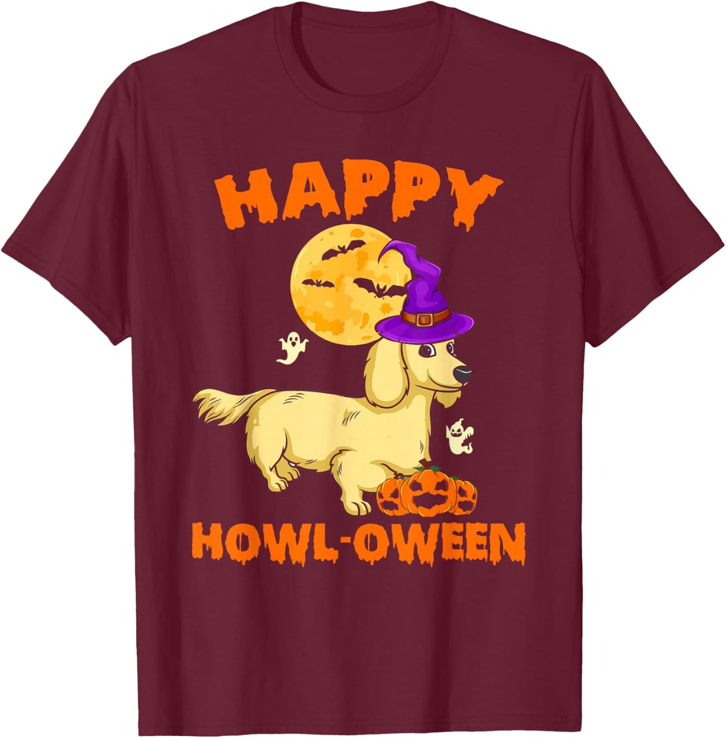 Cream Dachshund Witch Costume Dog Lover Happy Halloween Men Women T-Shirt - T-Shirt | Maroon