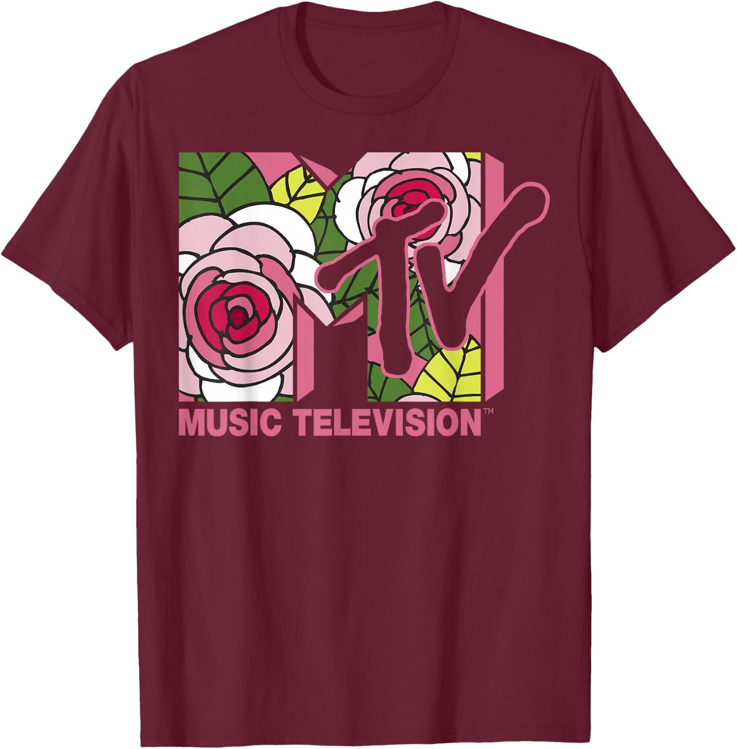 MTV Floral Roses Music Television Logo T-Shirt - T-Shirt | Maroon