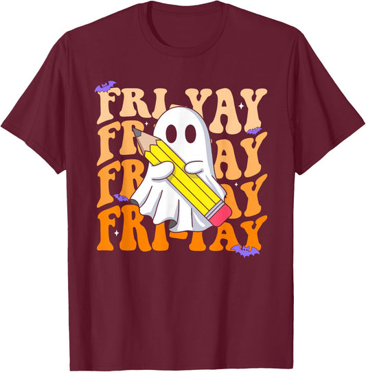 Happy Fri-Yay Friday Lovers Groovy Teacher Life Halloween T-Shirt - T-Shirt | Maroon