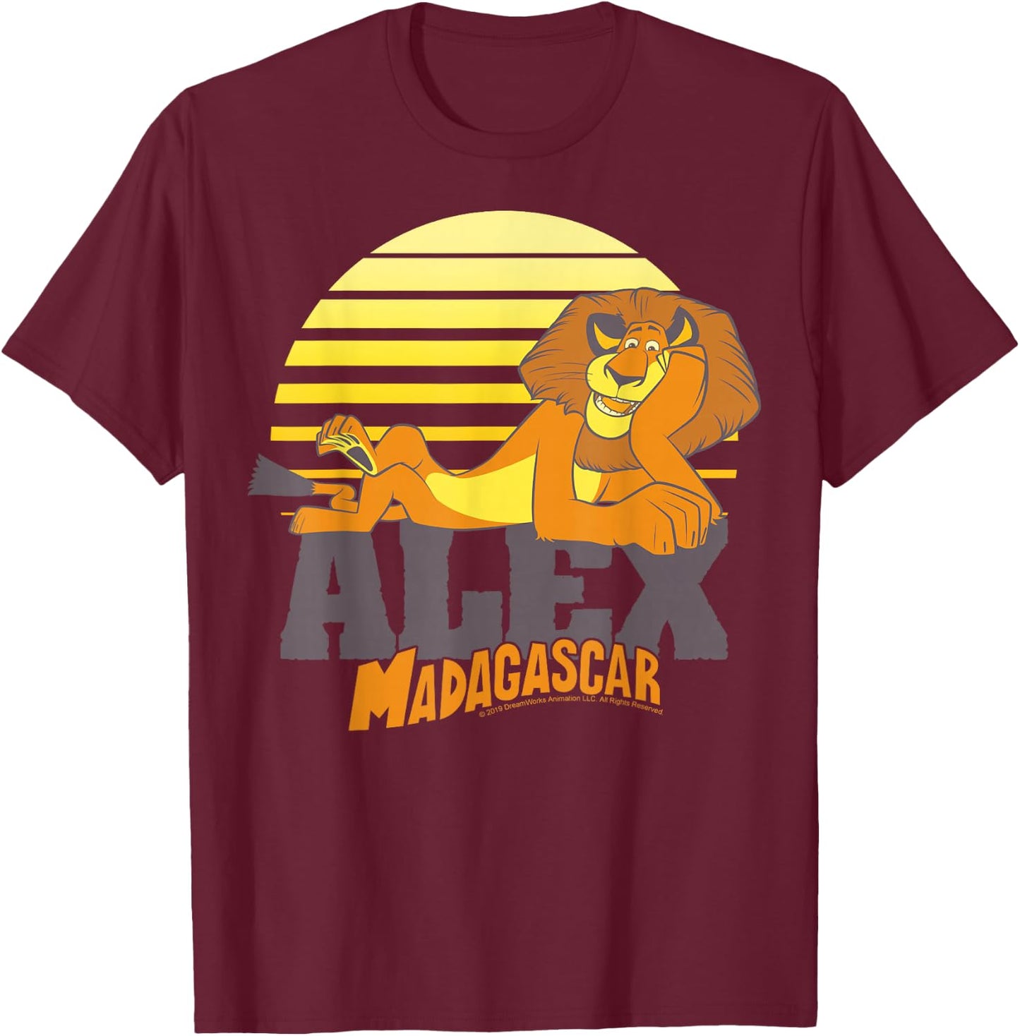 Madagascar Alex The Lion Striped Sunset Poster T-Shirt - T-Shirt | Maroon