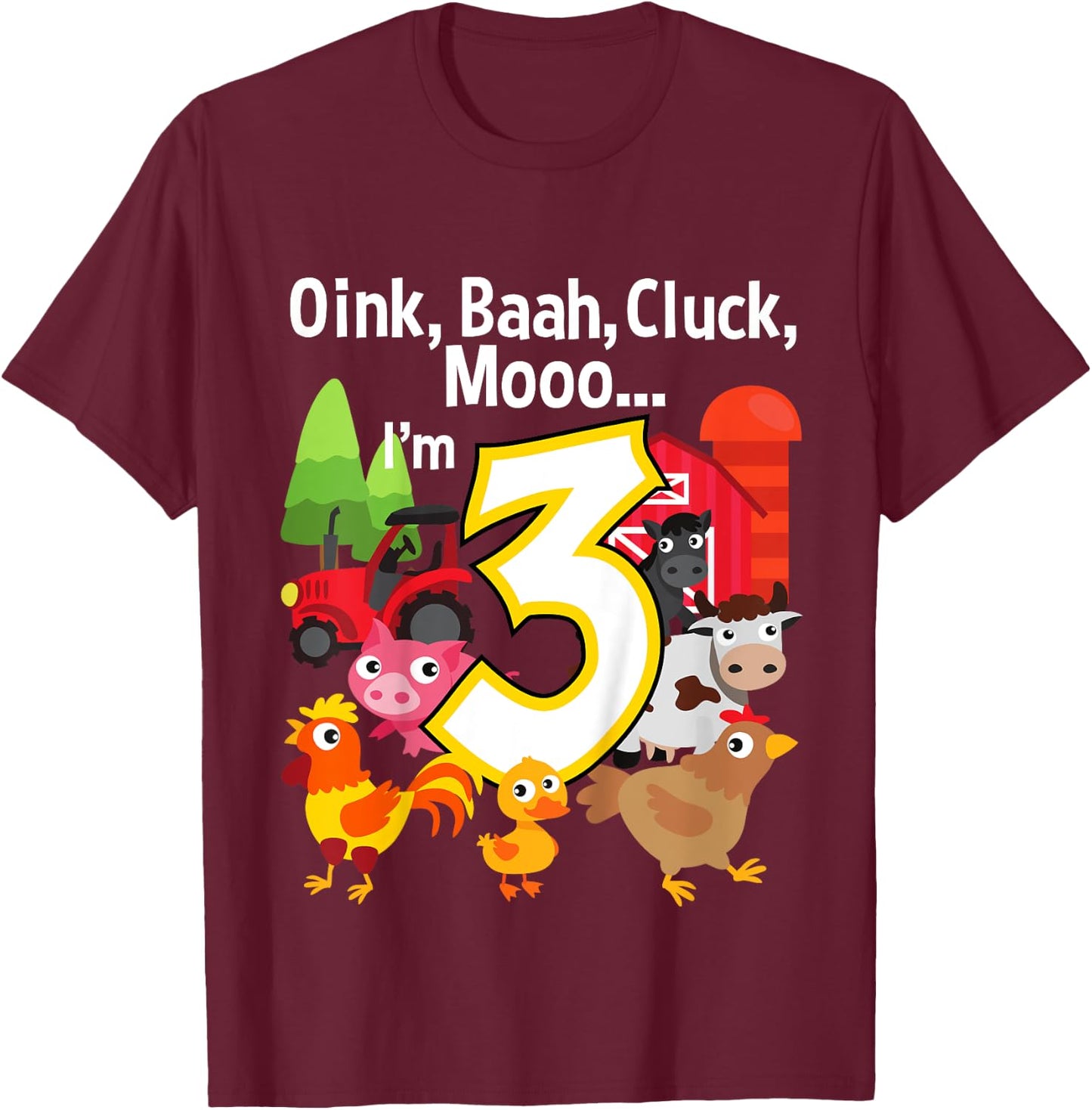 3 Year Old Farm Birthday Party Animal Barn Sounds 3rd Gift T-Shirt - T-Shirt | Maroon