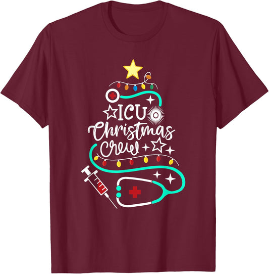 ICU Christmas Crew Intensive Care Unit Nurse Techs Secretary T-Shirt - T-Shirt | Maroon