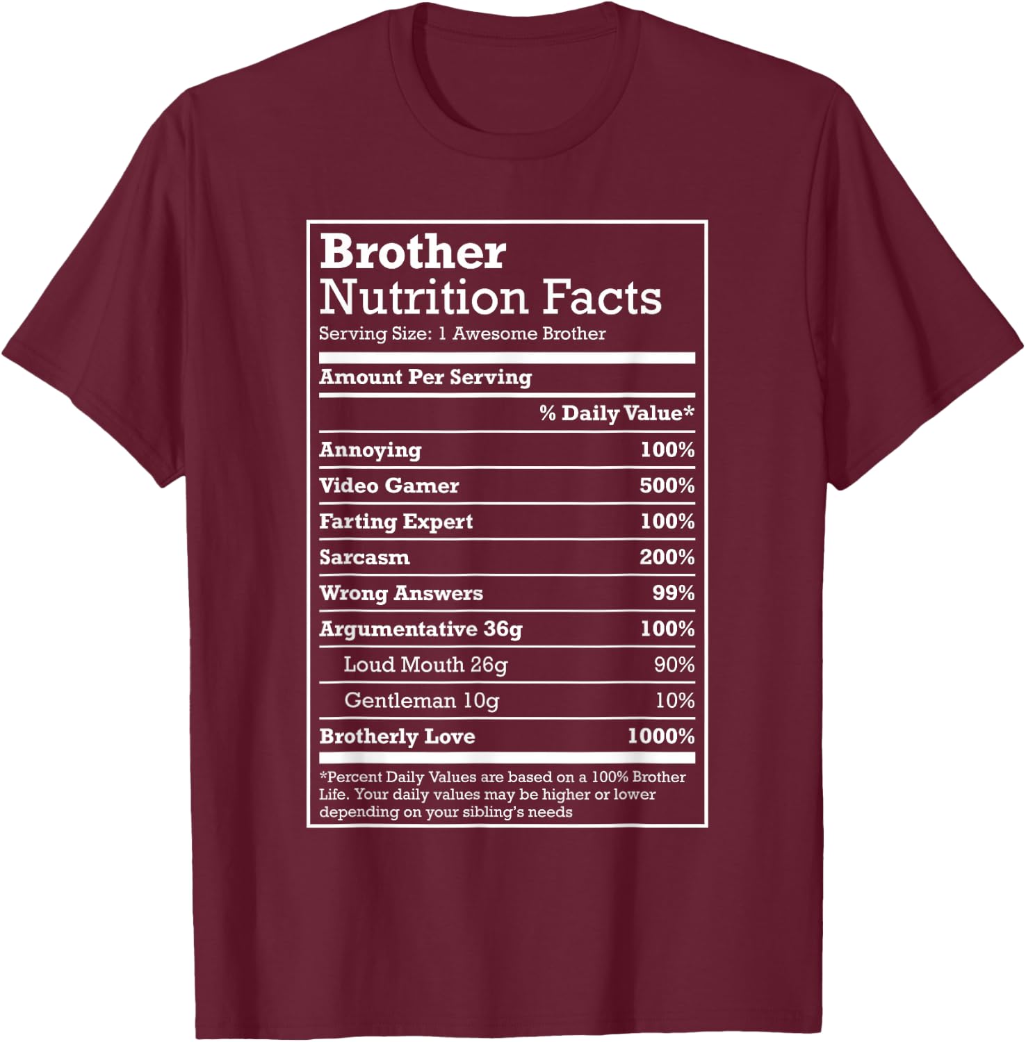 Annoying Brother Fun Nutritional Facts Funny Family Bro Gift T-Shirt - T-Shirt | Maroon