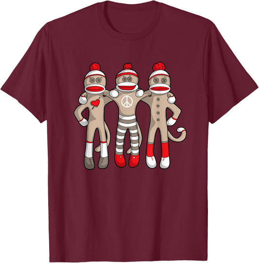 Peace Love Best Friends Hug Sock Monkey Christmas Holiday T-Shirt - T-Shirt | Maroon