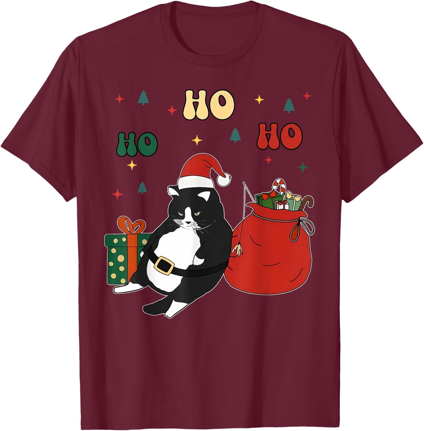 Cute Fat Cat Santa Christmas Tuxedo Chonk Cat Funny Cat Meme T-Shirt - T-Shirt | Maroon