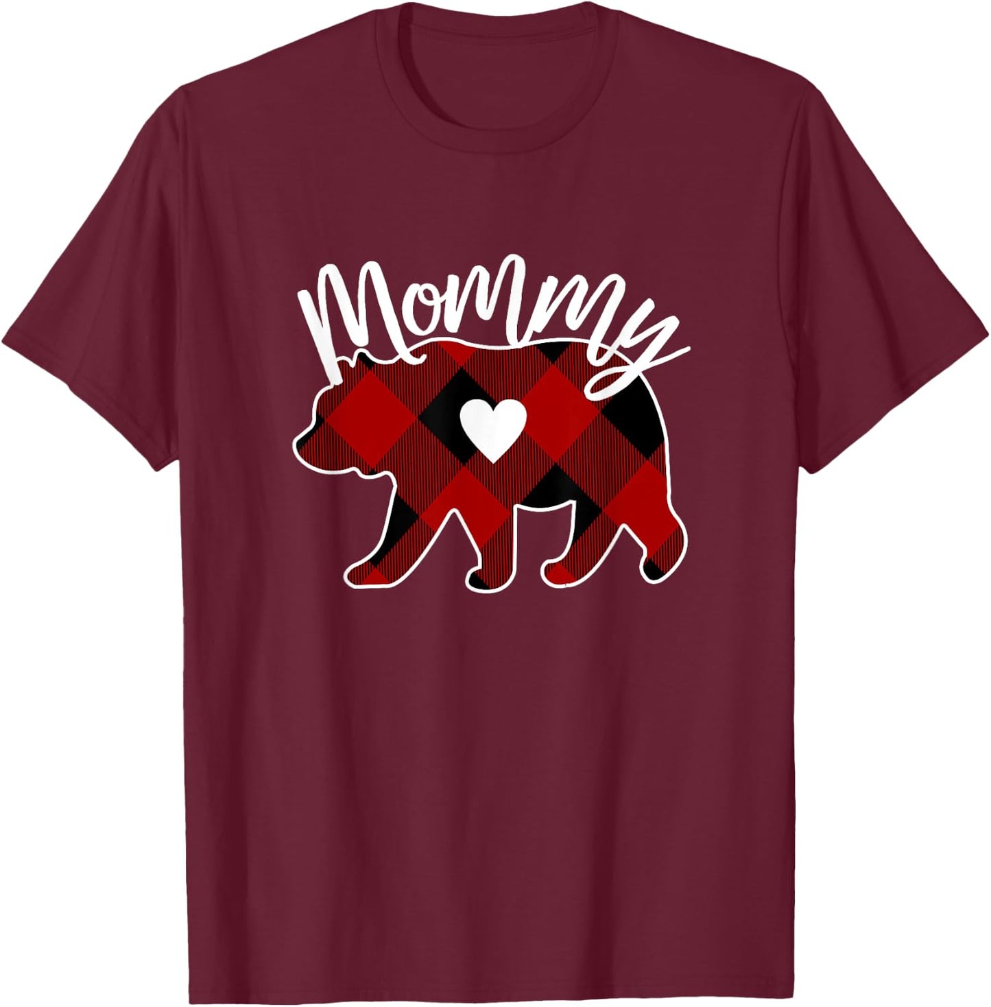 Mommy Bear Christmas Buffalo Plaid Red White & Black Gift T-Shirt - T-Shirt | Maroon